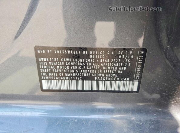 3VWY57AU4KM511772 2019 VOLKSWAGEN GOLF Silver Widok naklejki z numerem VIN