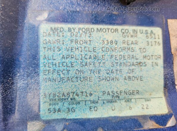 3Y82A874716 1973 LINCOLN CONTINENTA Blue Vista de la etiqueta del VIN