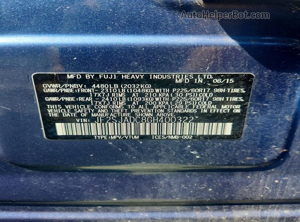 JF2SJADC8GH400322 2016 SUBARU FORESTER Blue Սալոնի 360 աստիճան տեսք