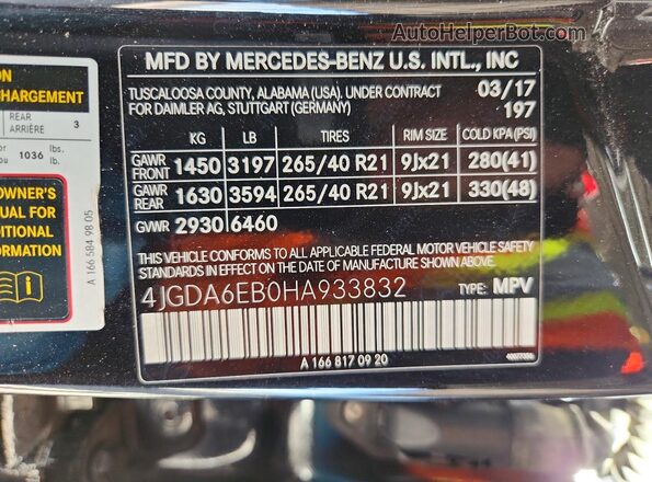 4JGDA6EB0HA933832 2017 MERCEDES-BENZ GLE Черный Вид наклейки с VIN-кодом