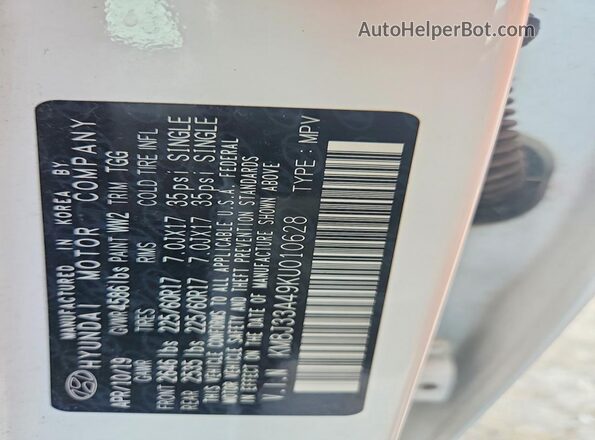 KM8J33A49KU010628 2019 HYUNDAI TUCSON Белый Панорамный вид салона 360°