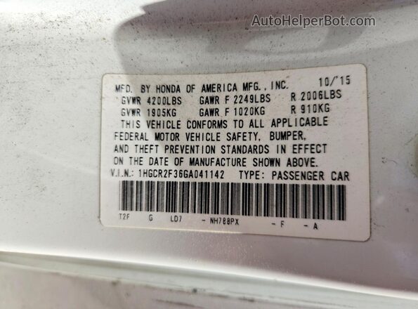 1HGCR2F36GA041142 2016 HONDA ACCORD White VIN კოდის სტიკერის ხედი
