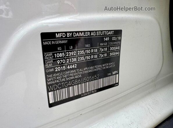WDCTG4GB6JJ505652 2018 MERCEDES-BENZ GLA-CLASS White უკანა სავარძლების ხედი