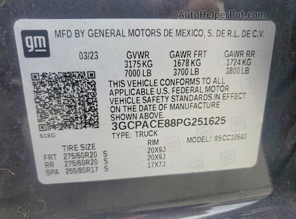 3GCPACE88PG251625 2023 CHEVROLET SILVERADO Black VIN կոդի պիտակի տեսք