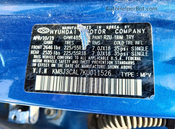 KM8J3CAL7KU011526 2019 HYUNDAI TUCSON Blue სალონის 360-გრადუსიანი ხედი