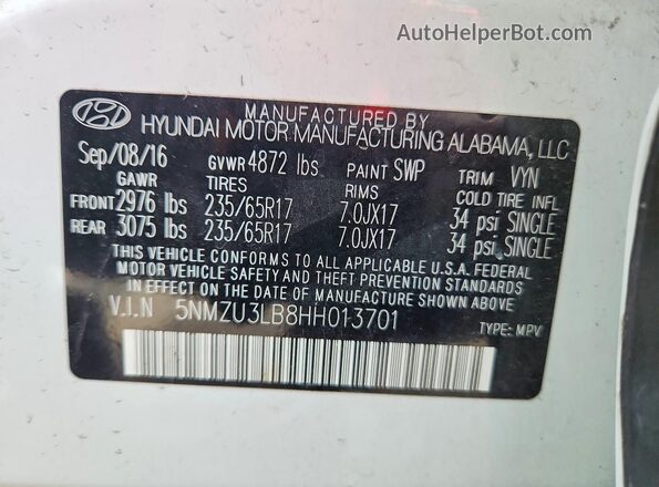 5NMZU3LB8HH013701 2017 HYUNDAI SANTA FE White სალონის 360-გრადუსიანი ხედი
