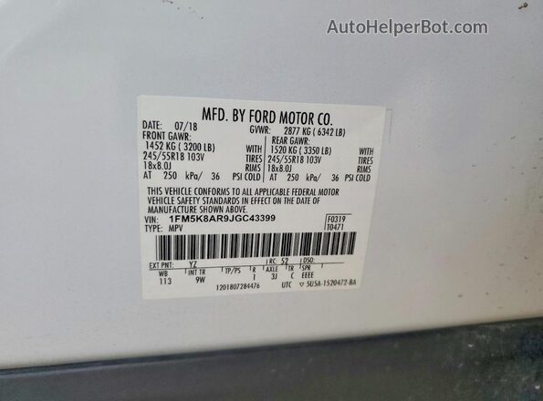 1FM5K8AR9JGC43399 2018 FORD EXPLORER White VIN კოდის სტიკერის ხედი