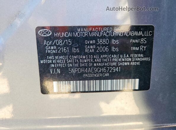 5NPDH4AE9GH672941 2016 HYUNDAI ELANTRA Silver Вид наклейки з VIN-кодом