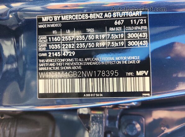 W1N4M4GB2NW178395 2022 MERCEDES-BENZ GLB-CLASS Blue 360 interior view