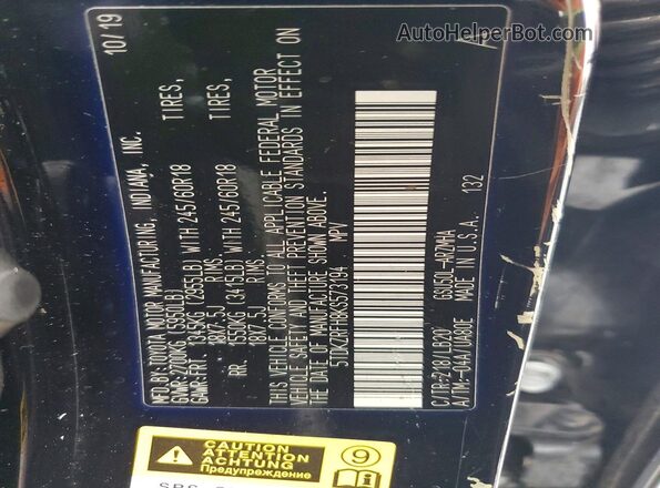 5TDKZRFH8KS573194 2019 TOYOTA HIGHLANDER Black 360 interior view