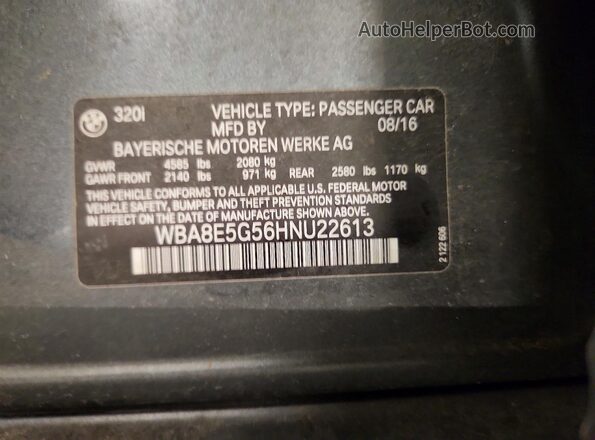 WBA8E5G56HNU22613 2017 BMW 3 SERIES Gray VIN sticker view