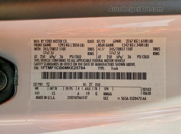 1FTMF1CB6MKE25784 2021 FORD F150 White VIN კოდის სტიკერის ხედი