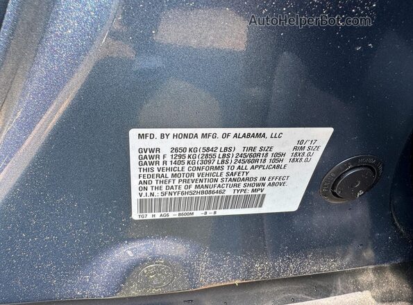 5FNYF6H52HB086462 2017 HONDA PILOT Blue Vista interior trasera