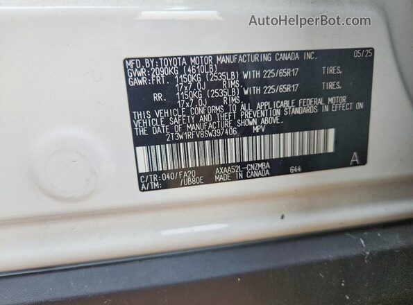 2T3W1RFV8SW397406 2025 TOYOTA RAV4 Белый Панорамный вид салона 360°