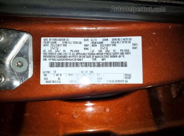 1FMCU0GD5HUC81867 2017 FORD ESCAPE Brown Widok wnętrza 360 stopni