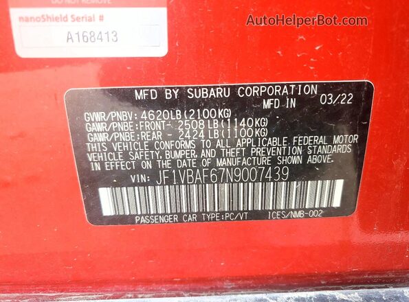 JF1VBAF67N9007439 2022 SUBARU WRX Красный Вид наклейки с VIN-кодом