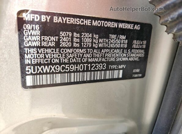 5UXWX9C59H0T12393 2017 BMW X3 Silver VIN კოდის სტიკერის ხედი