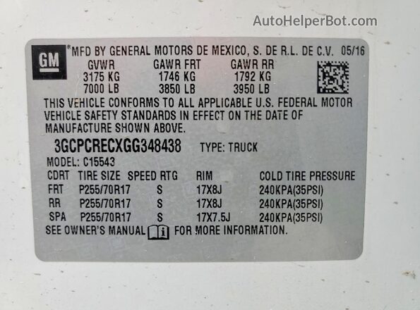 3GCPCRECXGG348438 2016 CHEVROLET SILVERADO White VIN კოდის სტიკერის ხედი