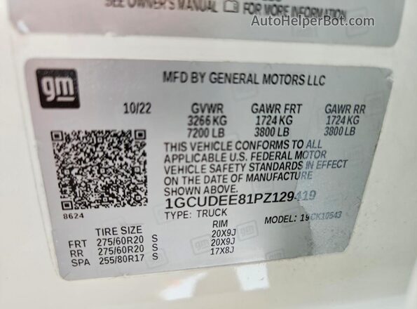1GCUDEE81PZ129419 2023 CHEVROLET SILVERADO White Вид наклейки з VIN-кодом