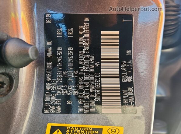 5TDYZRFH6KS325150 2019 TOYOTA HIGHLANDER Gray Vista interior de 360 grados