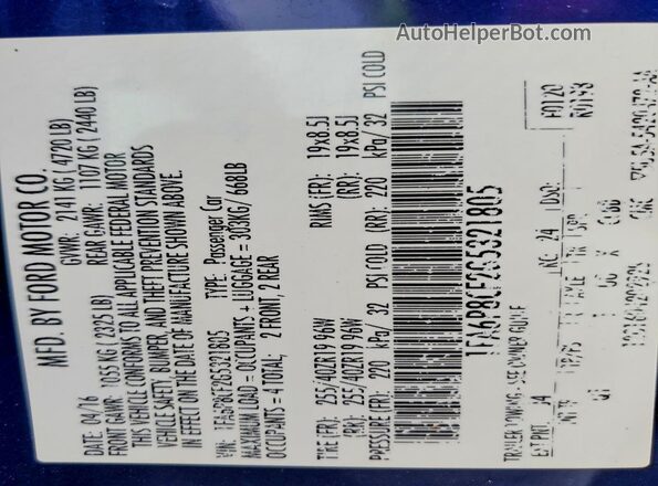 1FA6P8CF2G5321805 2016 FORD MUSTANG Blue Вид наклейки з VIN-кодом