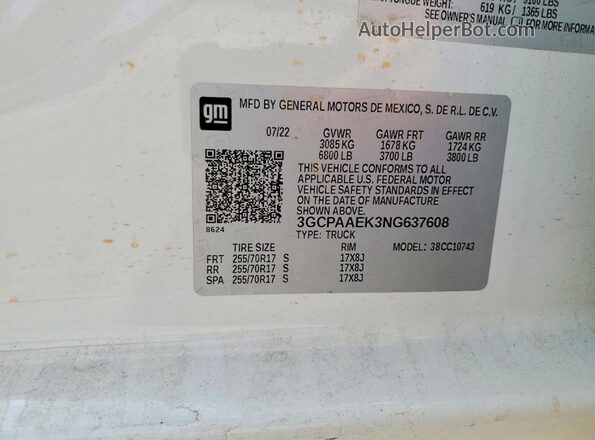 3GCPAAEK3NG637608 2022 CHEVROLET SILVERADO White Vista de la etiqueta del VIN