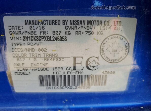 3N1CK3CPXGL246958 2016 NISSAN MICRA Blue 360 interior view