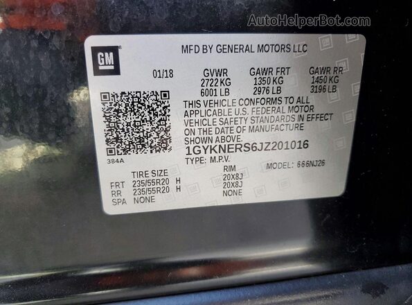 1GYKNERS6JZ201016 2018 CADILLAC XT5 Black VIN sticker view