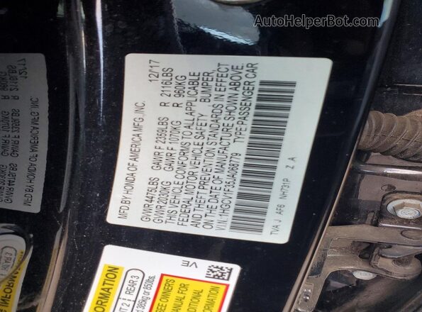 1HGCV1F35JA068779 2018 HONDA ACCORD Black VIN კოდის სტიკერის ხედი