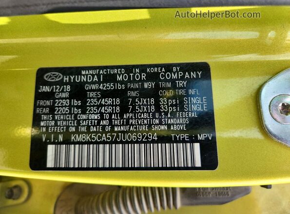 KM8K5CA57JU069294 2018 HYUNDAI KONA Green 360 interior view