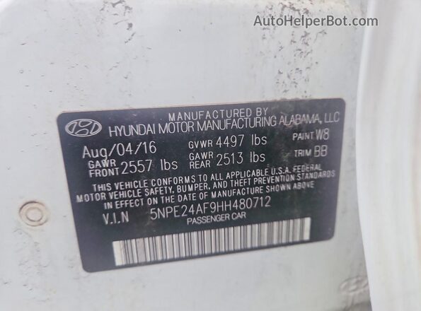 5NPE24AF9HH480712 2017 HYUNDAI SONATA White Widok naklejki z numerem VIN
