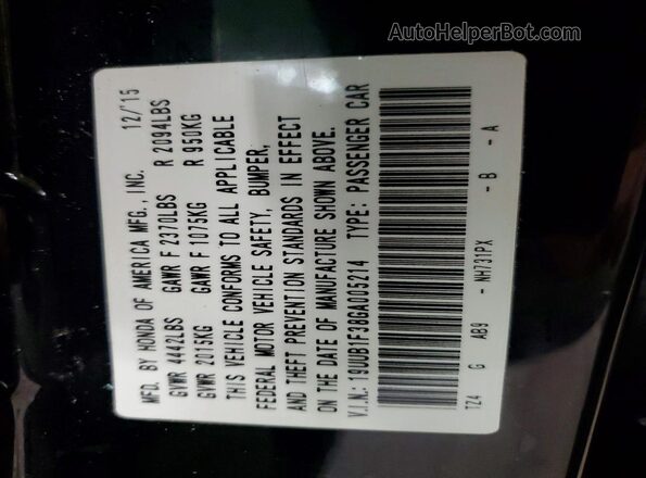 19UUB1F38GA005214 2016 ACURA TLX Черный Вид наклейки с VIN-кодом