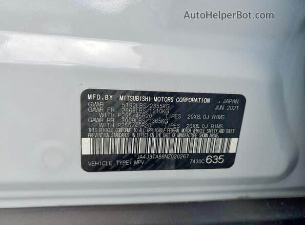 JA4J3TA88NZ020267 2022 MITSUBISHI OUTLANDER White Панорамний вид салону 360°