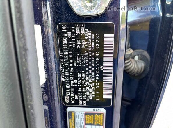 5XYPHDA51KG533285 2019 KIA SORENTO Blue Вид задньої частини салону