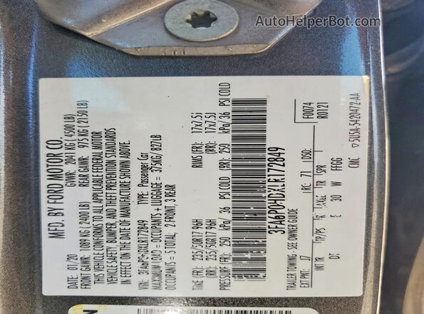 3FA6P0HDXLR172849 2020 FORD FUSION Gray VIN sticker view
