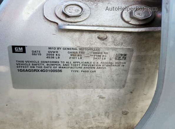 1G6AG5RX4G0100936 2016 CADILLAC ATS Silver VIN կոդի պիտակի տեսք