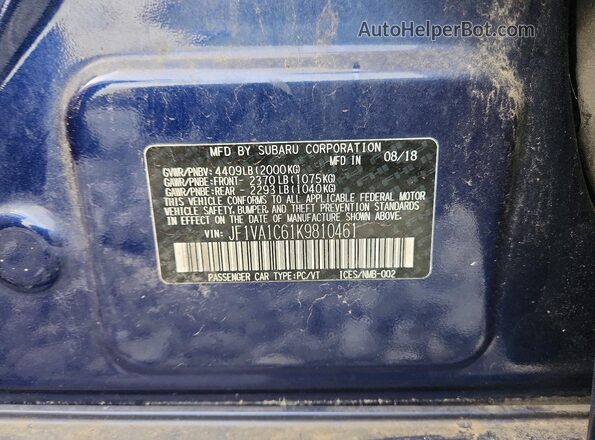 JF1VA1C61K9810461 2019 SUBARU WRX Blue VIN կոդի պիտակի տեսք