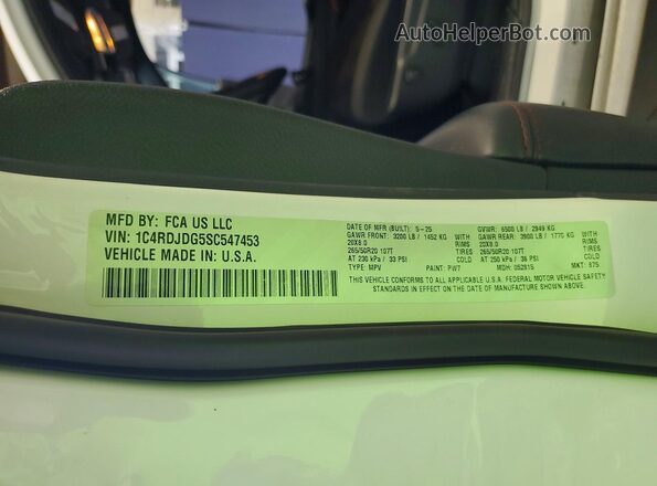 1C4RDJDG5SC547453 2025 DODGE DURANGO White VIN კოდის სტიკერის ხედი