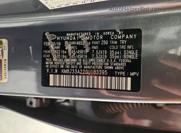 KM8J33A22GU183395 2016 HYUNDAI TUCSON Gray 360 interior view