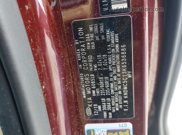 KNDMC5C13K6536886 2019 KIA SEDONA Maroon VIN sticker view