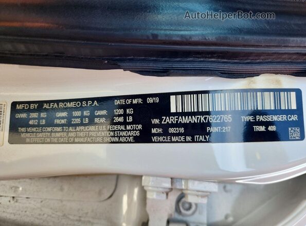 ZARFAMAN7K7622765 2019 ALFA ROMEO GIULIA White Vista de la etiqueta del VIN