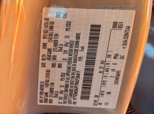 1FTEW2KP7RKF20417 2024 FORD F150 Gray VIN კოდის სტიკერის ხედი