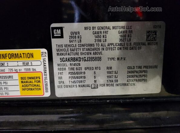 5GAKRBKD1GJ285808 2016 BUICK ENCLAVE Black Widok wnętrza 360 stopni