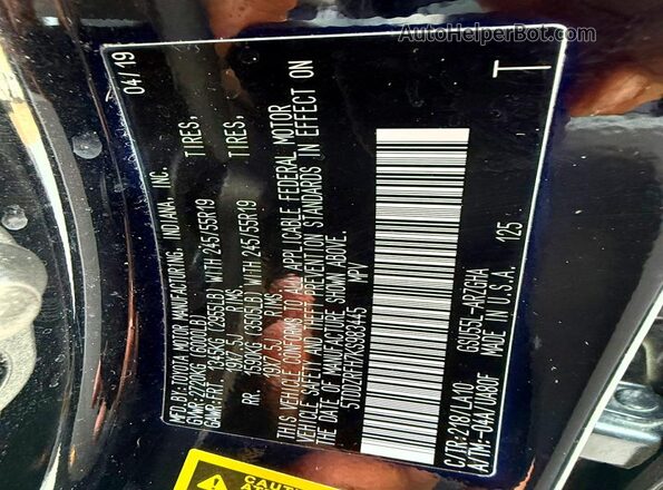 5TDDZRFH7KS983445 2019 TOYOTA HIGHLANDER Black VIN sticker view
