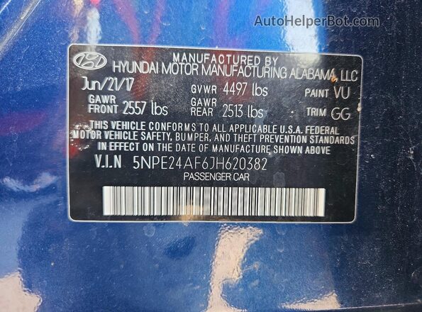 5NPE24AF6JH620382 2018 HYUNDAI SONATA Blue Widok naklejki z numerem VIN