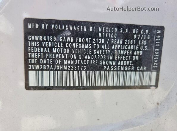 3VW2B7AJ3HM223173 2017 VOLKSWAGEN JETTA White VIN կոդի պիտակի տեսք