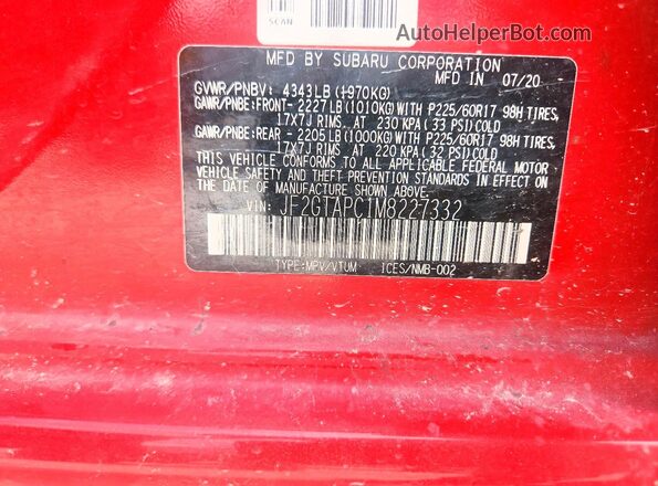 JF2GTAPC1M8227332 2021 SUBARU CROSSTREK Red Vista interior de 360 grados
