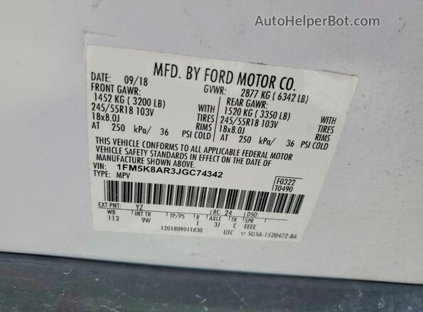 1FM5K8AR3JGC74342 2018 FORD EXPLORER Белый 