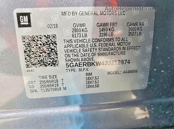 5GAERBKW4JJ212874 2018 BUICK ENCLAVE Gray Widok wnętrza 360 stopni