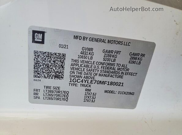 1GC4YLE70MF180021 2021 CHEVROLET SILVERADO White Вид наклейки з VIN-кодом